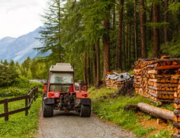Homemade improvised tractor trailer made of strong metal stacked with prepared firewood and covered
