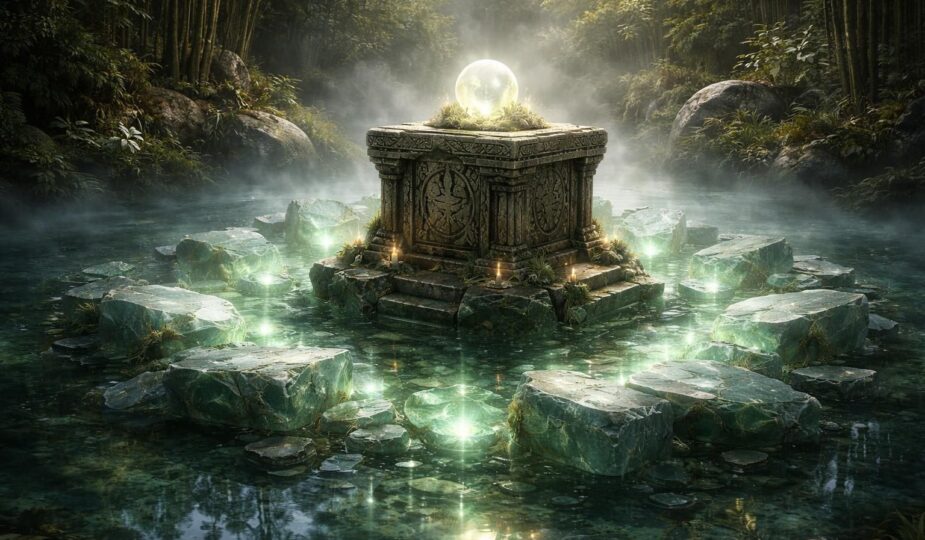 explorez la signification mystique de l'autel du bassin de jade morcelé, un objet sacré empreint de symbolisme et de spiritualité.