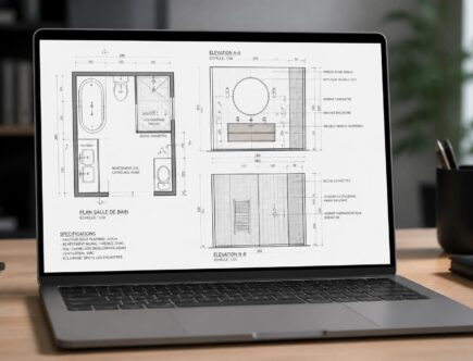 découvrez notre plan technique détaillé de salle de bain, prêt à être consulté et modifié sur votre pc portable pour faciliter vos projets de rénovation.