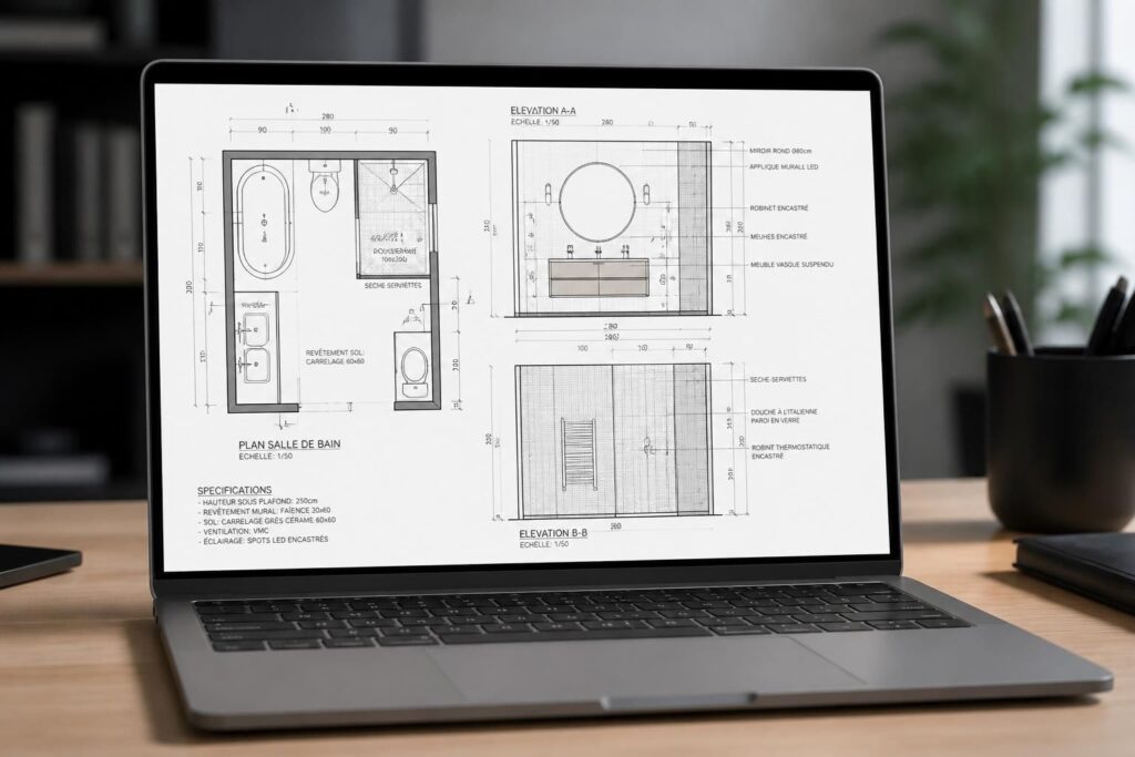 découvrez notre plan technique détaillé de salle de bain, prêt à être consulté et modifié sur votre pc portable pour faciliter vos projets de rénovation.