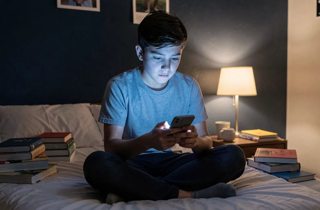 Adolescent utilisant son smartphone la nuit dans sa chambre, le visage éclairé par la lumière bleue froide de l'écran affectant ses yeux