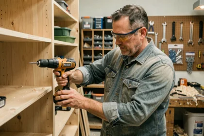 Bricoleur occasionnel utilisant une perceuse Parkside sans fil pour assembler des étagères en bois dans un atelier de garage