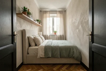 Chambre étroite en longueur décorée avec un lit contre le mur, étagère flottante et parquet en chevrons, vue depuis l'entrée