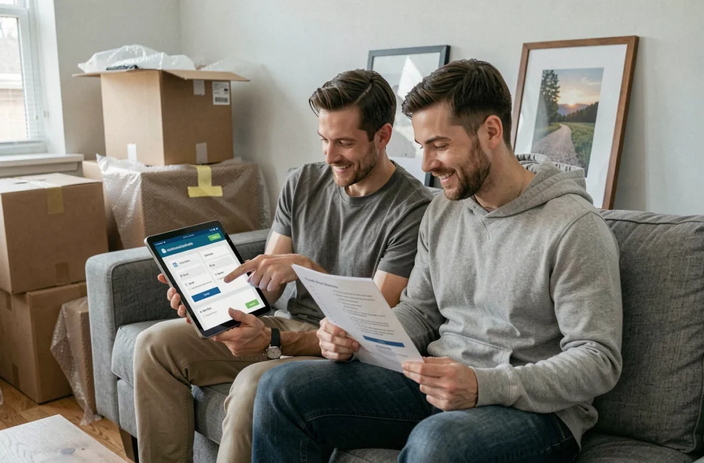 Couple consultant un service en ligne pour leurs démarches de changement d'adresse entourés de cartons de déménagement dans leur appartement