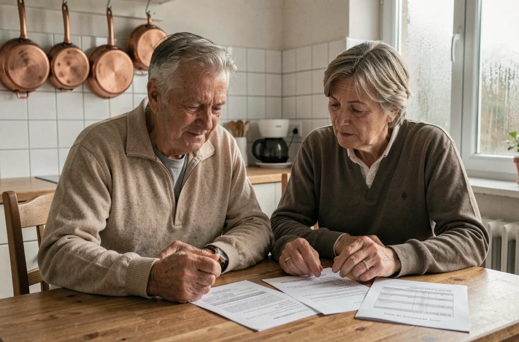 Couple âgé comparant des factures d'énergie et un devis de rénovation thermique dans leur cuisine