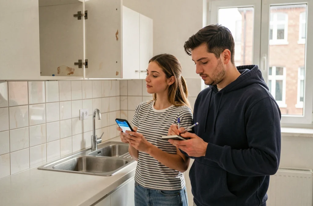 Couple vérifiant l'état des placards d'une cuisine vide lors de la préparation de l'état des lieux de sortie
