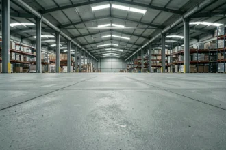 Dallage en béton armé lisse dans un entrepôt industriel avec joints de dilatation et colonnes métalliques en arrière-plan