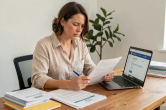 Femme effectuant ses démarches administratives de changement d'adresse à son bureau avec des documents officiels et un ordinateur portable