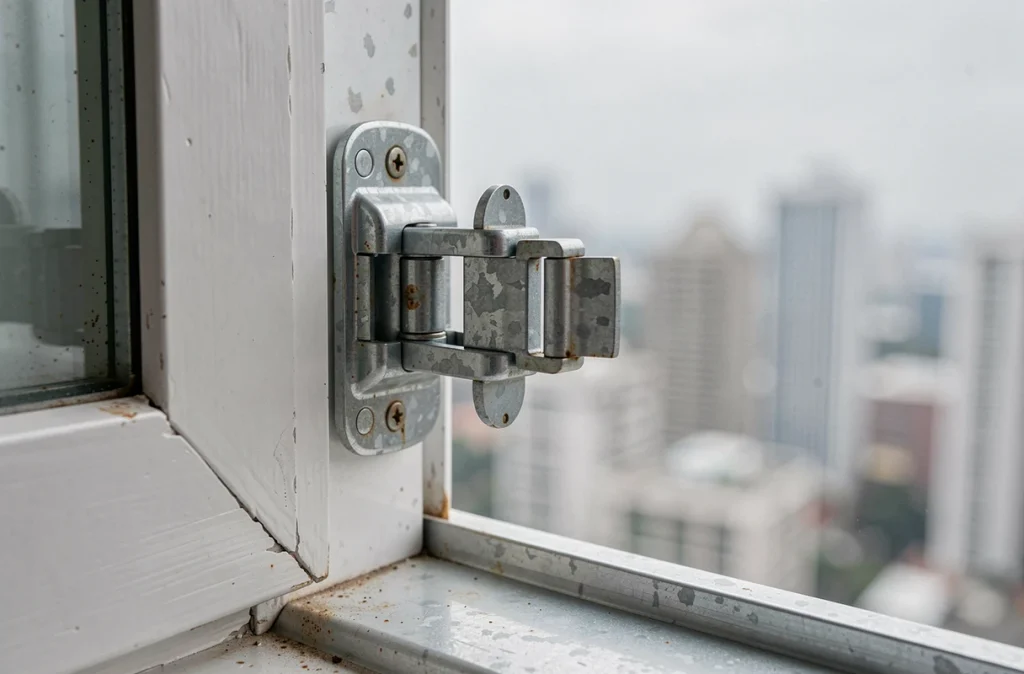 Détail du loquet d'un grillage de sécurité sur une fenêtre en hauteur dans un appartement urbain
