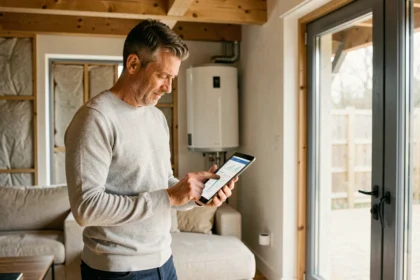 Homme consultant un diagnostic énergétique sur tablette dans un salon moderne avec pompe à chaleur murale
