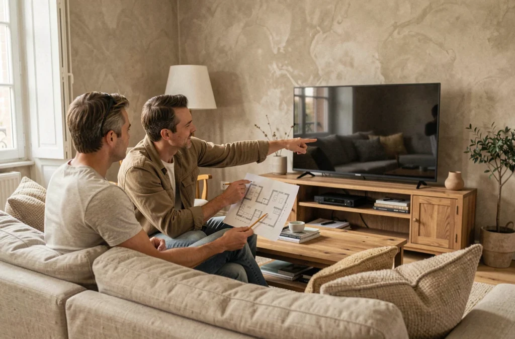 Couple évaluant la distance de visionnage d'une télévision 50 pouces dans leur salon avec un plan de pièce