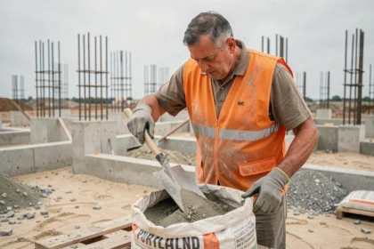 Ouvrier du bâtiment dosant le ciment à la pelle sur un chantier de béton armé