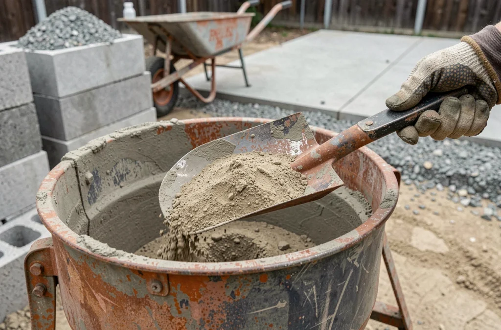 Gros plan sur le dosage à la pelle de granulats pour la fabrication de béton armé