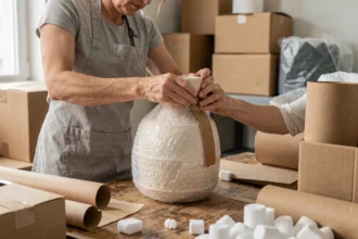 Femme emballant un vase en céramique fragile avec du papier bulle avant un déménagement