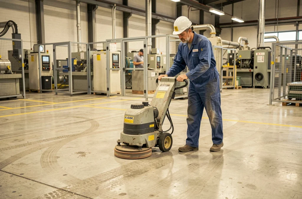 Technicien de maintenance polissant un sol en béton armé industriel avec une machine professionnelle dans une usine