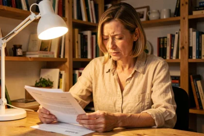 Femme lisant sous une lampe à lumière blanche chaude dans un bureau à domicile, illustrant l'impact de la lumière chaude sur les yeux