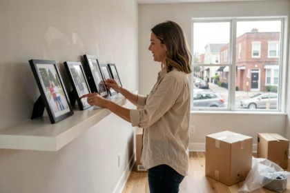 Femme qui emménage dans un nouvel appartement en disposant des cadres photo sur une étagère, entourée de cartons à déballer