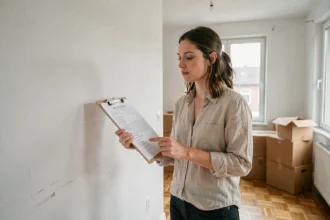 Femme inspectant les murs d'un appartement vide avec une liste de contrôle lors de l'état des lieux de sortie