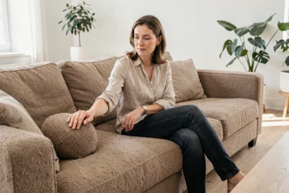 Femme évaluant la qualité d'un canapé en tissu bouclé dans un salon minimaliste scandinave