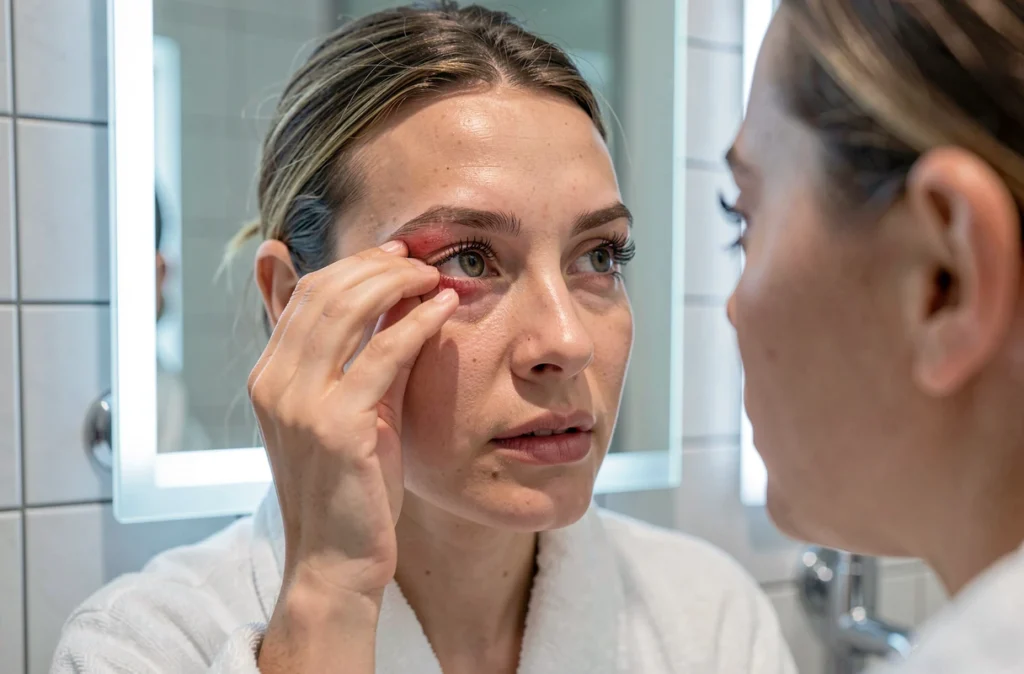 Femme inspectant ses yeux rouges dans un miroir de salle de bain sous lumière LED froide, symbolisant la fatigue oculaire