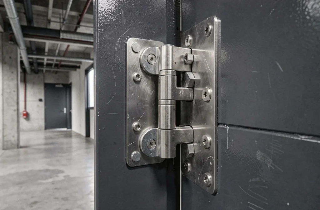 Gond industriel en acier inoxydable monté sur une porte lourde métallique dans un couloir en béton