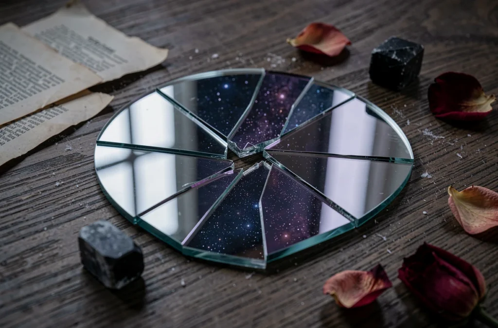 Gros plan d'un miroir brisé reflétant un ciel étoilé entouré de cristaux et de pétales de roses séchées sur une table en bois sombre dans un contexte ésotérique