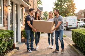 Groupe d'amis portant des cartons lors d'un déménagement collaboratif devant une maison