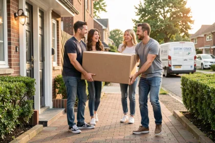 Groupe d'amis portant des cartons lors d'un déménagement collaboratif devant une maison