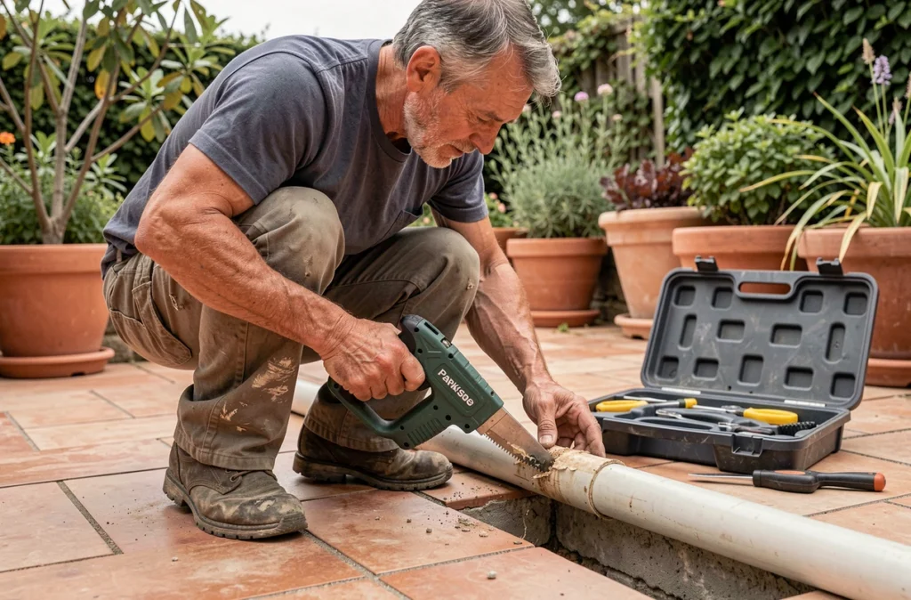 Homme utilisant un outil multifonction Parkside pour une réparation de plomberie légère sur une terrasse de jardin