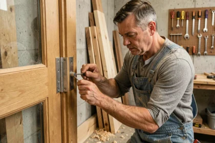 Menuisier installant un gond pour porte lourde en chêne dans un atelier artisanal