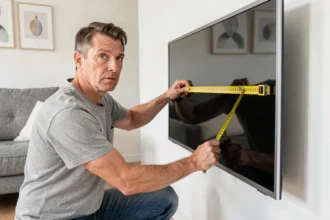 Homme mesurant une télévision 50 pouces montée au mur dans un salon moderne avec un mètre ruban jaune