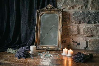 Miroir ancien brisé avec une fissure diagonale posé contre un mur en pierre, entouré de bougies et d'herbes séchées dans une ambiance mystérieuse nocturne