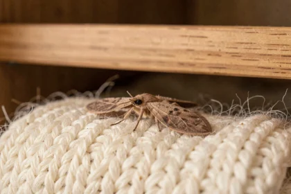 Mite des vêtements posée sur un pull en laine dans une armoire en bois - protocole de nettoyage maison