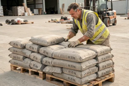Ouvrier comptant des sacs de ciment de 25 kg empilés sur une palette en bois sur un chantier de construction