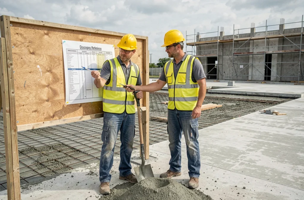 Deux ouvriers consultant un tableau de dosage béton armé sur un chantier avec treillis métallique