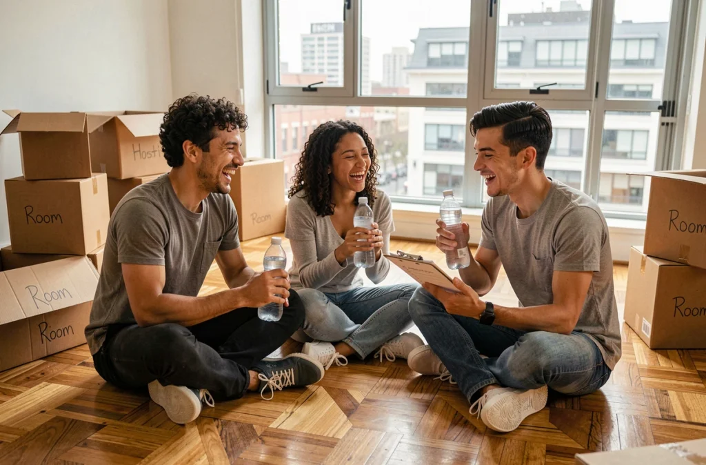 Amis faisant une pause lors d'un déménagement collaboratif dans un appartement moderne