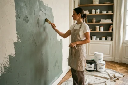 Femme appliquant une peinture écologique vert sauge dans un appartement parisien avec des outils naturels et des pots de peinture luxe éco-responsable