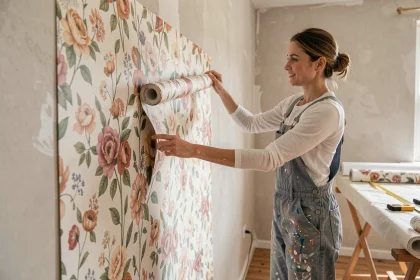 Femme posant un rouleau de papier peint floral sur un mur en rénovation avec des outils de mesure visibles