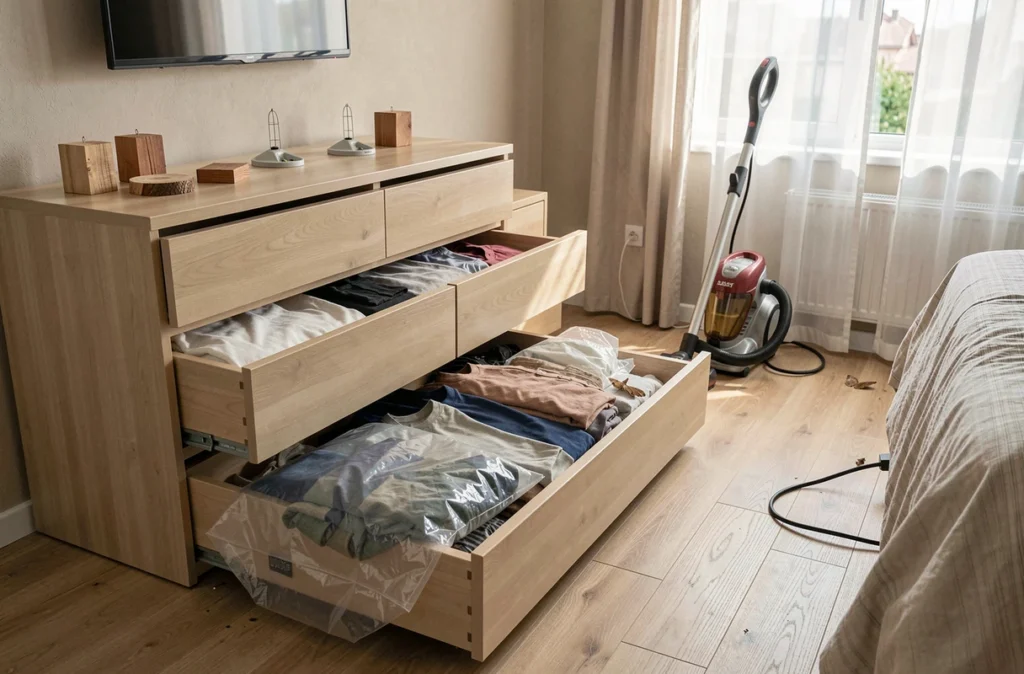 Protocole de nettoyage renforcé contre les mites dans une chambre avec vêtements mis en sacs et pièges à phéromones