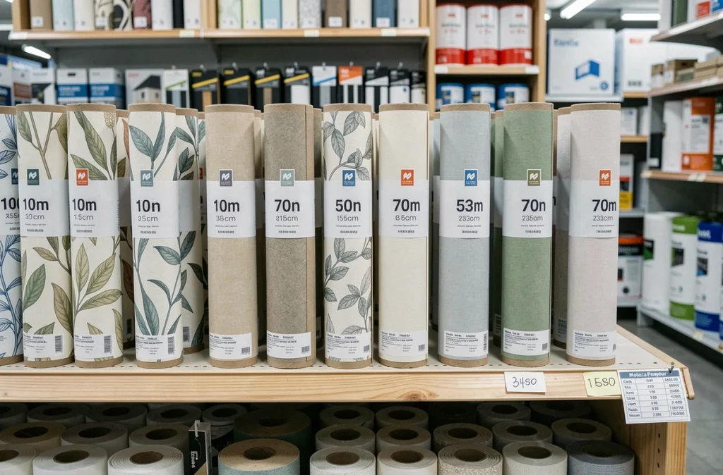 Rouleaux de papier peint en magasin avec étiquettes indiquant les dimensions et la largeur pour calculer la quantité