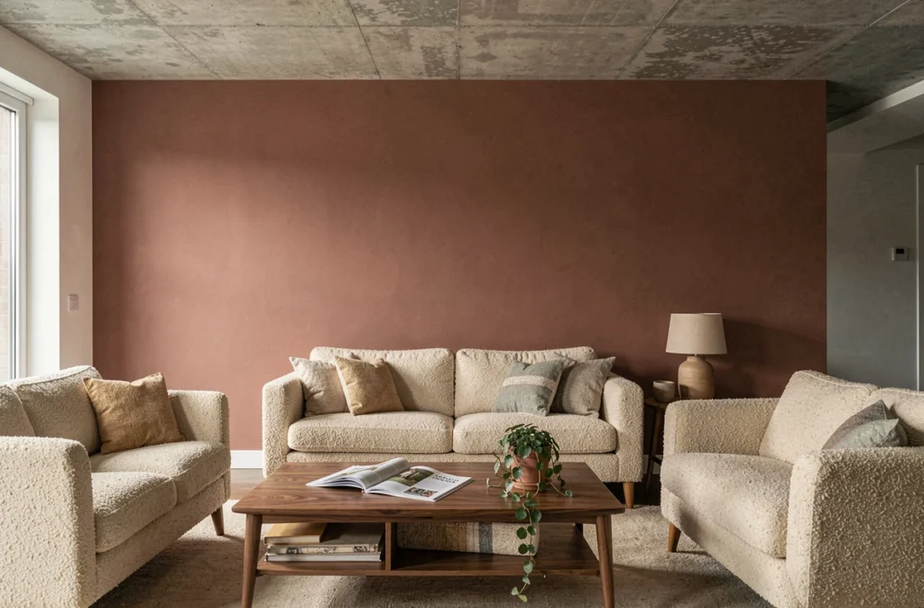 Salon design avec mur peint en argile rose luxe écologique, mobilier en bouclé bio et béton brut au plafond illustrant l'alliance du chic et du respect de l'environnement