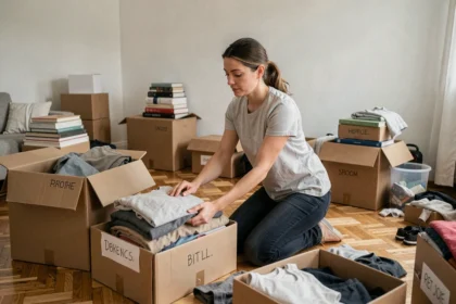 Femme en train de trier ses vêtements dans des cartons ouverts avant un déménagement, assise sur le parquet d'un salon vidé
