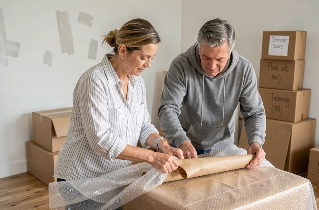 Voisins emballant des meubles ensemble pour un déménagement entre particuliers