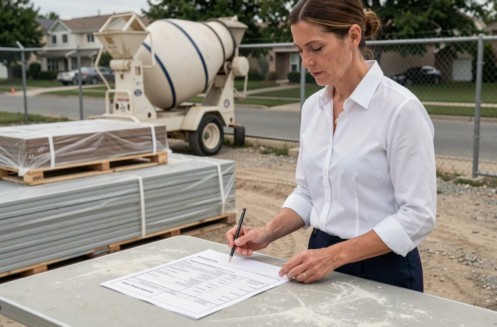 Architecte sur chantier analysant un devis de prix de poutrelles et hourdis pour un plancher