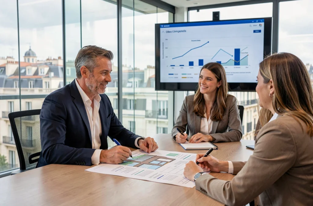 Consultant de BCI Business Consulting Investissement présentant un projet d'investissement en pompes à chaleur à des clients dans un bureau moderne