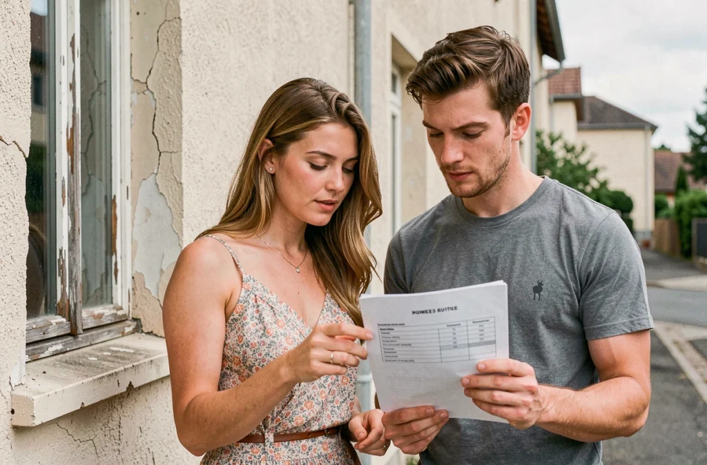 Couple de propriétaires étudiant ensemble un devis de rénovation de façade devant leur maison avec un rendu abîmé