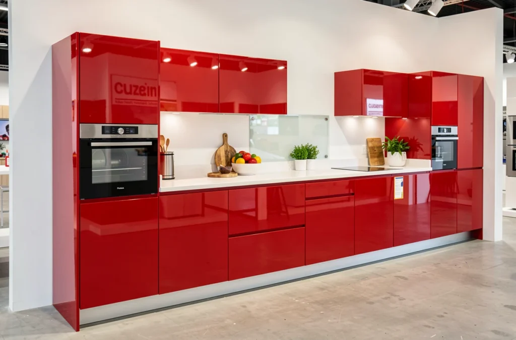 Cuisine contemporaine rouge laquée exposée chez Cuisine Plus Perpignan avec plan de travail en Corian blanc