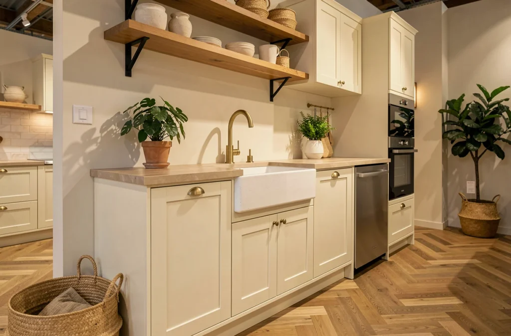 Modèle de cuisine style campagne moderne chez Cuisinella Perpignan avec façades crème et évier en céramique