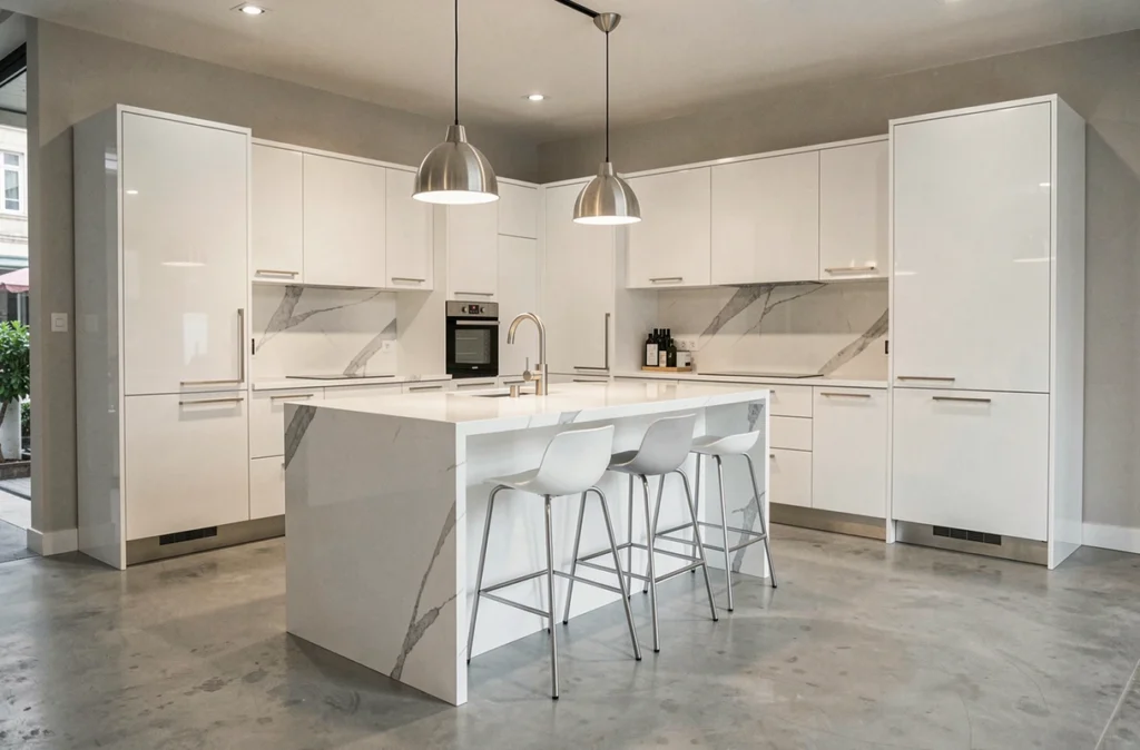 Cuisine moderne exposée chez Cuisines Références avec caissons blancs laqués et plan de travail en quartz