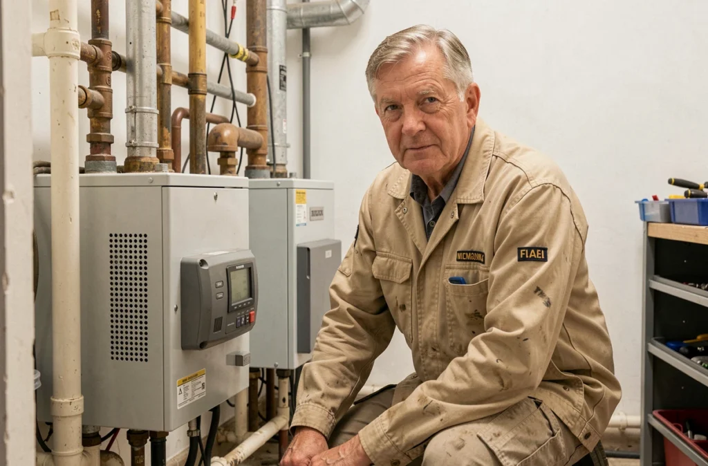 Chauffagiste des Établissements Tomasi rénovant un système de chauffage central avec une pompe à chaleur dans une chaufferie résidentielle